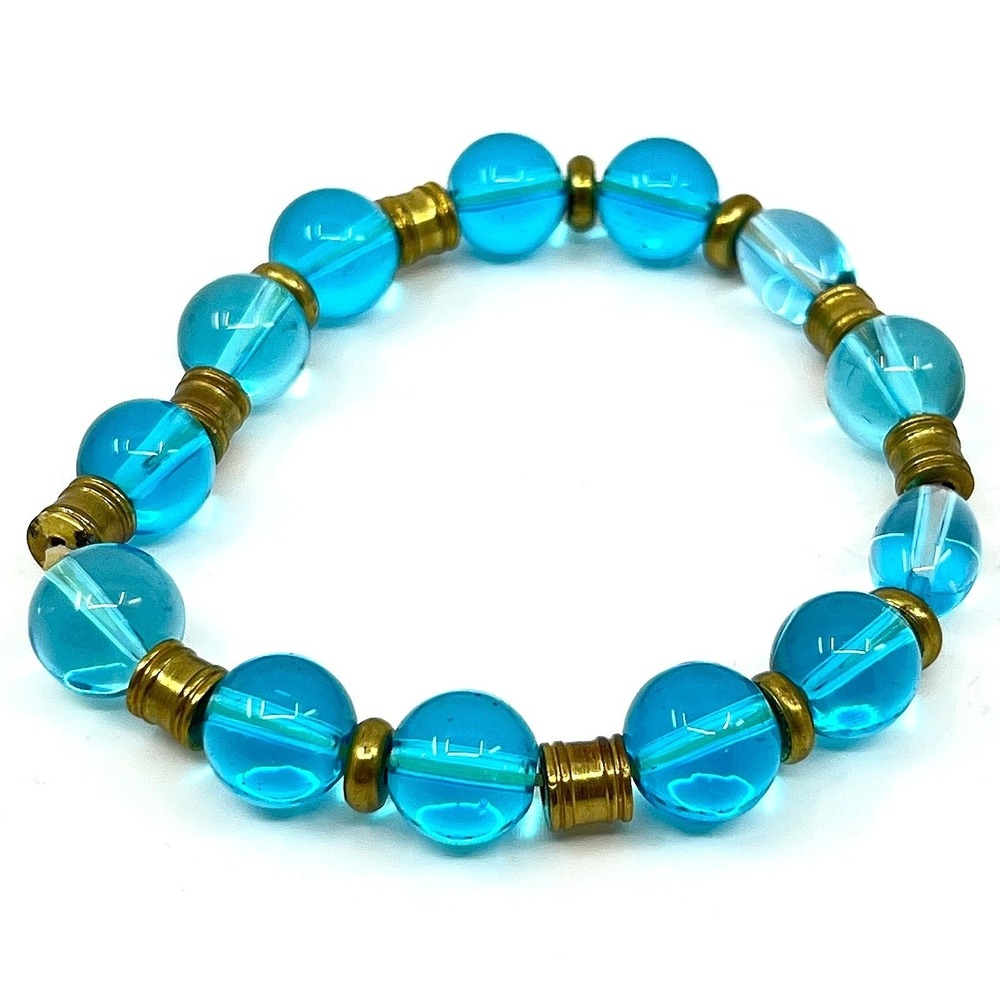Vintage Aqua Blue‎ Glass Bead Stretch Bracelet Brass Spacers Retro Classic Boho